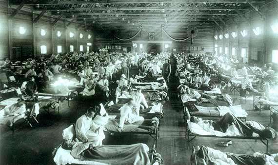 Historical photo of the 1918 Spanish influenza ward at Camp Funston, Kansas.Credit: U.S. Army photographer