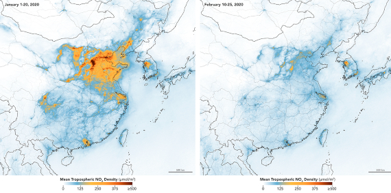 BBVA-OpenMind-Javier Yanes-Los otros efectos del coronavirus- impacto COVID medioambiente 2-Imágenes de observación terrestre que muestran el descenso de la polución por dióxido de nitrógeno en los cielos de China. Crédito: NASA