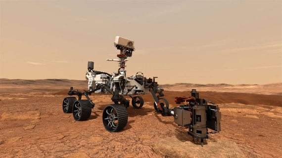 BBVA-OpenMind-Materia-Carrera espacial 5-En esta ilustración, el rover Mars 2020 de la NASA usa su taladro para extraer muestras de una roca en Marte. Credito: NASA