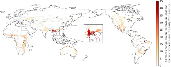 Mapa del estudio del aumento de los murciélagos en Asia.