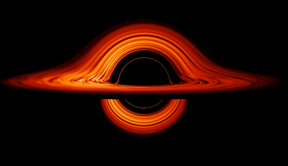 La imagen simula la apariencia de un agujero negro donde la materia que cae se ha acumulado en una estructura delgada y caliente llamada disco de acreción. Crédito: Event Horizon Telescope Collaboration