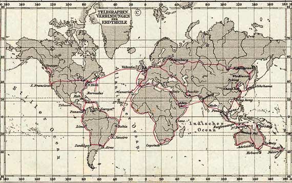 Mapa de conexiones telegráficas en 1891. Crédito: Stielers Hand-Atlas