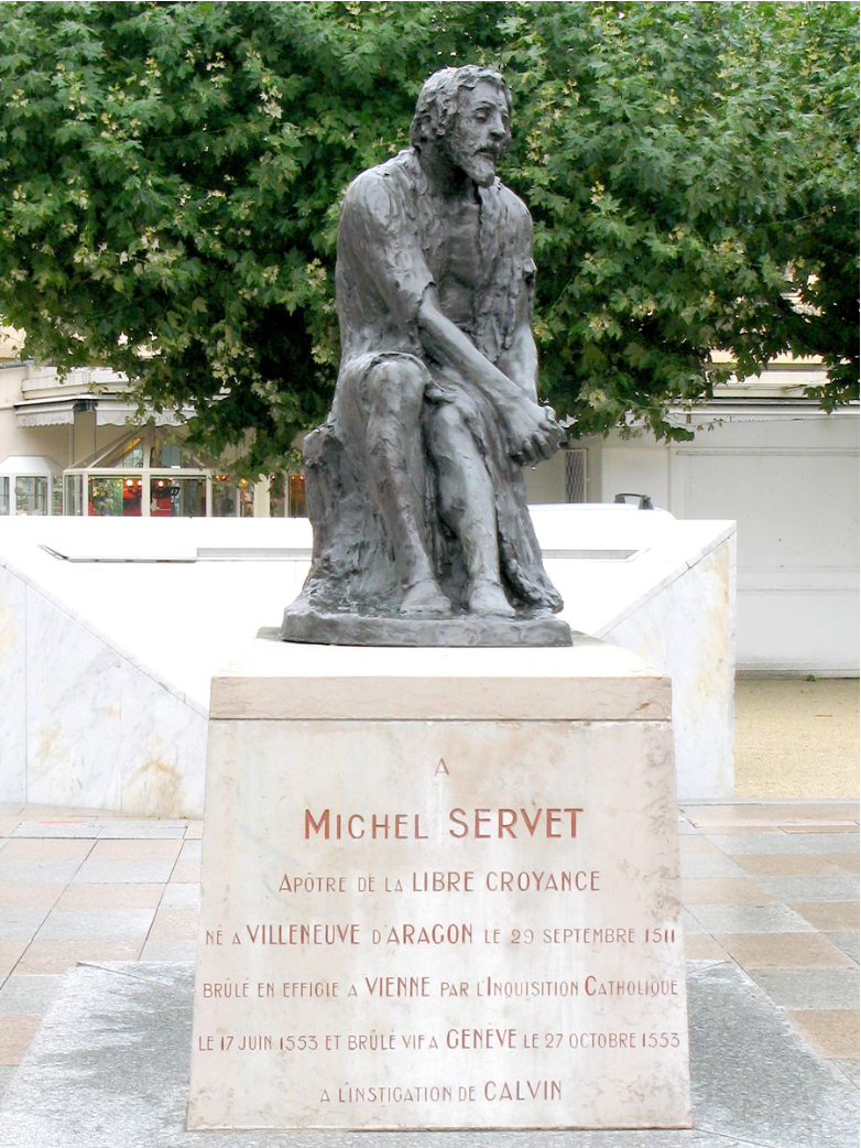 BBVA-OpenMind-Yanes-Miguel Servet el cientifico hereje quemado tres veces_4 La estatua de Servet fue fundida durante la ocupación nazi en 1941, pero finalmente restituida en 1960 en un parque de Annemasse. Crédito: Dominio Público