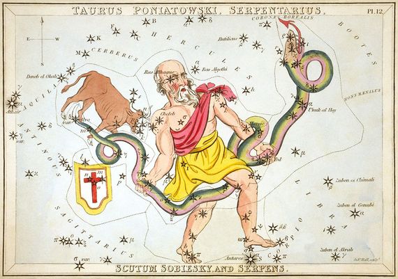 Ophiuchus sosteniendo la serpiente, como se muestra en El espejo de Urania, un conjunto de tarjetas de constelaciones publicadas en Londres en 1825. Fuente: <em><strong>Biblioteca del Congreso de los Estados Unidos</strong></em>