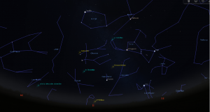 The constellation Gemini rising above the horizon of the northern hemisphere. Credit: Borja Tosar/Stellarium
