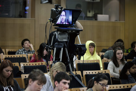 A teleprompter shows a “virtual student” at an MIT class being recorded for online courses in April 2013, Cambridge, Massachusetts