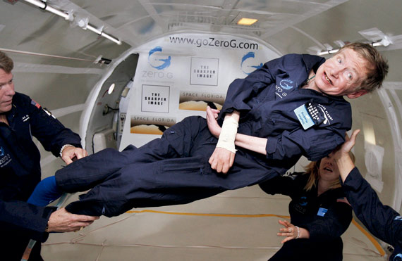 Stephen Hawking (1942–2018) aboard a modified Boeing 727 jet owned by the Zero Gravity Corporation. The jet completes a series of steep ascents and dives that create short periods of weightlessness due to free fall. During this flight, Hawking experienced eight such periods