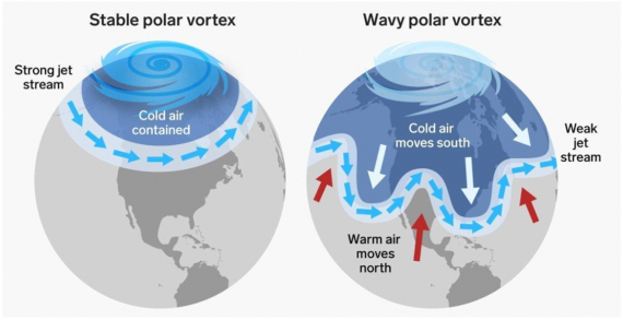 As the Arctic warms and the jet stream weakens, it begins to take larger north-south meanders, forming enormous slow-moving waves. Source: