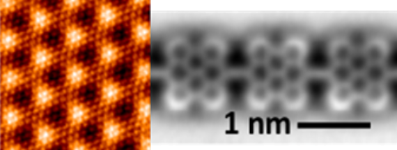 Izquierda: fotografía obtenida con un microscopio de efecto túnel (STM). Cada uno de los puntos pequeños es un átomo de carbono de una lámina de grafeno. Imagen gentileza del grupo ESISNA (wp.icmm.esisna.es/esisna). Derecha: fotografía de un polímero obtenida con un microscopio de fuerzas atómicas. Imagen gentileza del grupo nanosurf (nanosurf.fzu.cz).