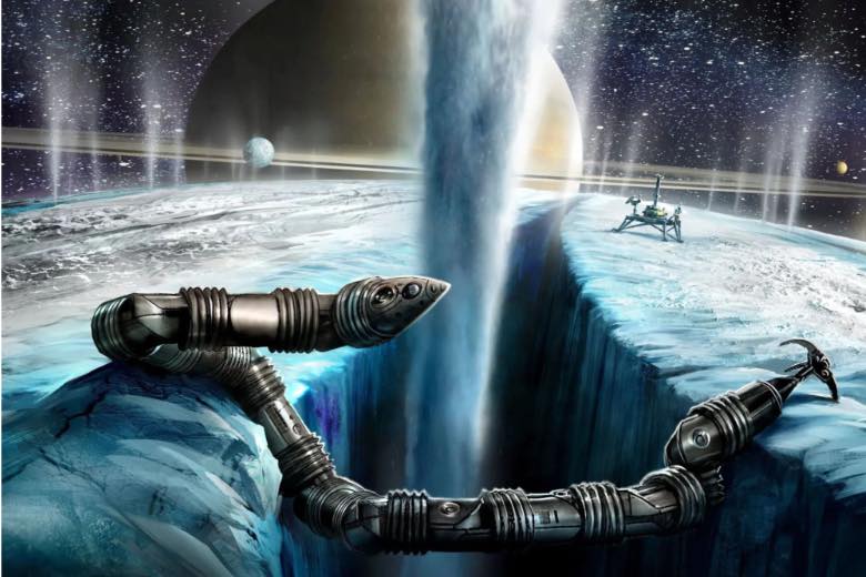 BBVA-OpenMind-Larse-Buscando vida extraterrestre bajo el hielo_2 El Exobiology Extant Life Surveyor es un robot autónomo con forma de serpiente de cuatro metros de largo diseñado para descender por las fisuras y llegar al océano oculto de Encédalo. Crédito: NASA/JPL-CalTech